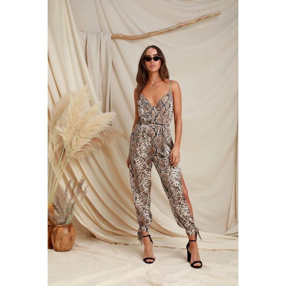 Lulus Jasper Beige Snake Print Surplice Jumpsuit - Size M